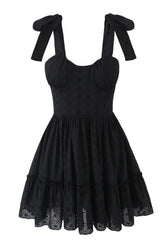 Black Straps Illusion Ruched Lase-up Short Dress