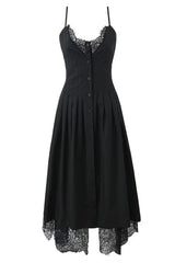 Black Straps Lace Stripe Button Long Party Dress