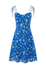 Blue Floral Spaghetti Strap Bow Long Dress