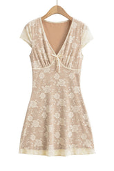 Beige Lace Flower Print Illusion Short Skirt