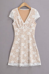 Beige Lace Flower Print Illusion Short Skirt