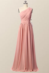 One Shoulder Blush Pink Pleated Long Bridesmaid Dress