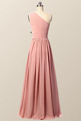 One Shoulder Blush Pink Pleated Long Bridesmaid Dress