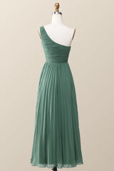 One Shoulder Eucalyptus Chiffon Long Bridesmaid Dress