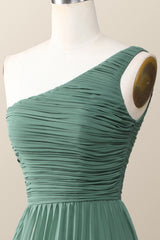 One Shoulder Eucalyptus Chiffon Long Bridesmaid Dress
