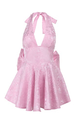 Halter Pink Plunge Short A-line Bow Dress