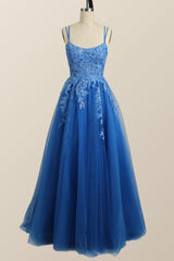 Blue Appliques A-line Tulle Long Dress