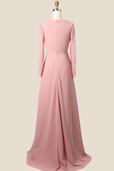 Long Sleeves Blush Pink Pleated Bridesmaid Dress