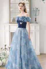 Off the Shoulder Blue Velvet Tulle Princess Gown