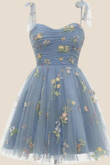 Blue A-line Floral Short Princess Dress