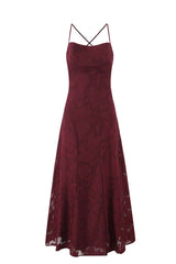 Spaghetti Straps Burgundy Floral Long Dress