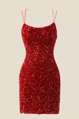 Red Sequin Bodycon Mini Party Dress with Double Straps