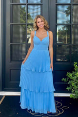Blue Pleated Chiffon Tiered Long Party Dress