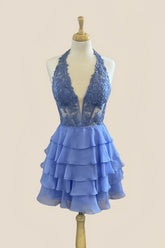Appliques Periwinkle Chiffon Tiered Ruffle Short Dress
