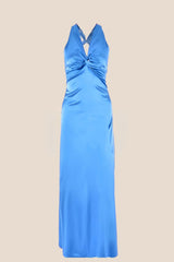 Twist V-neck Blue Open Back Sheath Long Dress