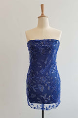 Strapless Navy Beaded Flowers Tight Short Dress