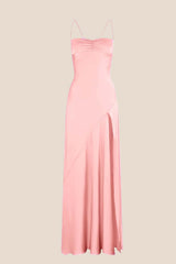 Spaghetti Straps Pink Long Dress with Slit