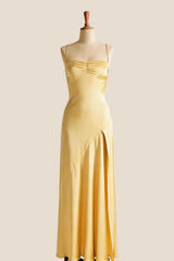 Aqua Satin Straps Slit Long Dress
