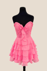 Strapless Hot Pink Chiffon Bow Ruffle Short Dress