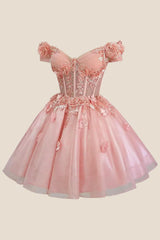 Off the Shoulder Pink 3D Floral Short Dress