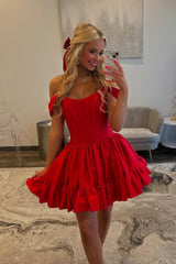 Off the Shoulder Wine Red Short Dress