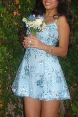 Blue Sequin Embroidery A-line Short Dress