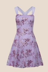 Purple Sequin Embroidery A-line Short Dress