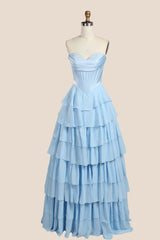 Light Blue Corset Chiffon Tiered Formal Gown