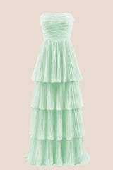 Blue Chiffon Pleated A-line Tiered Maxi Dress