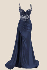 Navy Blue Corset Ruched Satin Prom Dress