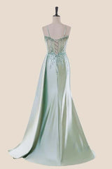 Beaded Navy Blue Satin Ruched Long Prom Dress