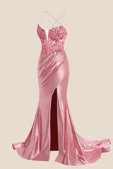 Blush Pink Beaded Ruched Satin Long Prom Dress