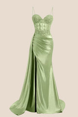 Sage Sheer Appliques Satin Long Prom Dress with Train