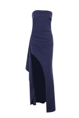 Strapless Navy Blue Pleated Long Dress with Slit