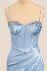 Beaded Light Blue Satin Ruched Long Prom Dress