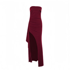 Strapless Burgundy Pleated Long Dress with Slit