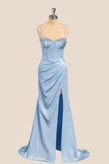Beaded Light Blue Satin Ruched Long Prom Dress