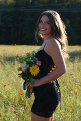 Black Floral Appliques Tight Short Dress