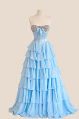 Light Blue Chiffon Ruffle Pearls Prom Dress