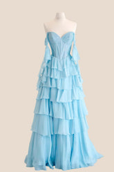Beaded Light Blue Chiffon Ruffle Slit Prom Dress