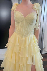 Beaded Light Blue Chiffon Ruffle Slit Prom Dress