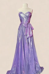 Ruched Purple Metallic A-line Prom Dress