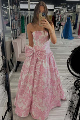 Blue Floral Strapless A-line Bow Prom Dress