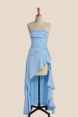 Sky Blue Strapless Ruched Slit Long Dress