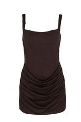 Brown Square Neck Ruched Tight Short Dress