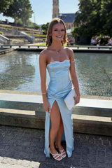 Blue Satin Strapless Fitted Slit Long Dress