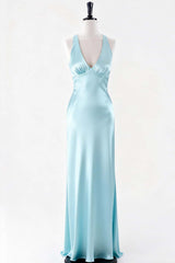 V Neck Light Blue Satin Long Dress
