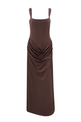 Brown Square Fitted Draped Long Dress
