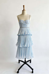 Light Blue Metallic Pleated Tiered Maxi Dress