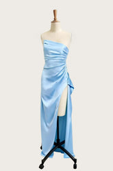 Asymmetric Strapless Light Blue Satin Slit Dress